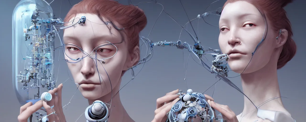 Image similar to hyperrealistic photography of a gorgeous female scientist constructing an empathy machine in the style of jin kagetsu, james jean, chris cunningham, hans bellmer and wlop, highly detailed, face symmetry, masterpiece, award - winning, sharp focus, intricate concept art, ambient lighting, 8 k, artstation