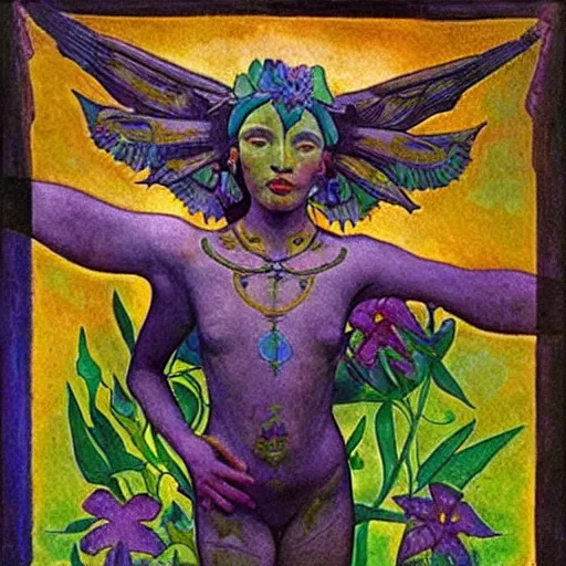 Prompt: the flower god, by Annie Swynnerton and Nicholas Roerich and Diego Rivera, bioluminescent skin, tattoos, wings made out of flowers, elaborate costume, geometric ornament, symbolist, cool colors like blue and green and violet, smooth, sharp focus, extremely detailed