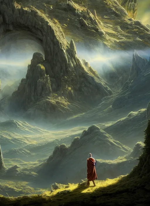 Prompt: a cosmic monk in lord of the rings scenery landscape, looking out at a lush valley, gigantic alien spacecraft in the sky, sunrise, god's rays, highly detailed, vivid color, cinematic lighting, perfect composition, 8 k, gustave dore, derek zabrocki, greg rutkowski, belsinski, octane render