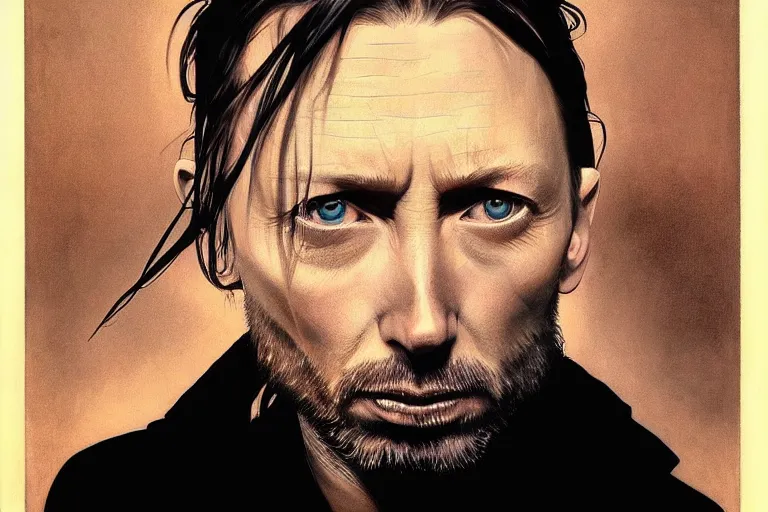 Prompt: hyper realistic portrait of thom yorke mixed with trent reznor, bigger forehead, bigger chin, from the side, by lee bermejo, alphonse mucha and greg rutkowski