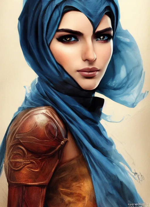 Image similar to Beautiful Arab Ameera Al taweel, blue eyes, leather, portrait, fantasy, medieval, oil colors, elegant, concept art, sharp focus, beautiful face, digital art, Hyper-realistic, 4K, Unreal Engine, Highly Detailed, HD, Dramatic Lighting by Brom, trending on Artstation