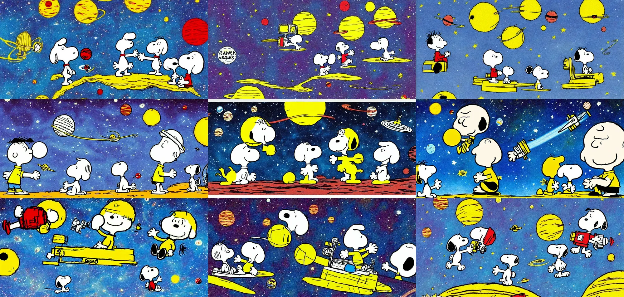 Prompt: calvin and snoopy in space exploring an alien planet, drawn by bill watterson and charles schulz, very detailed and cute and dreamy and playful and happy and cheerful