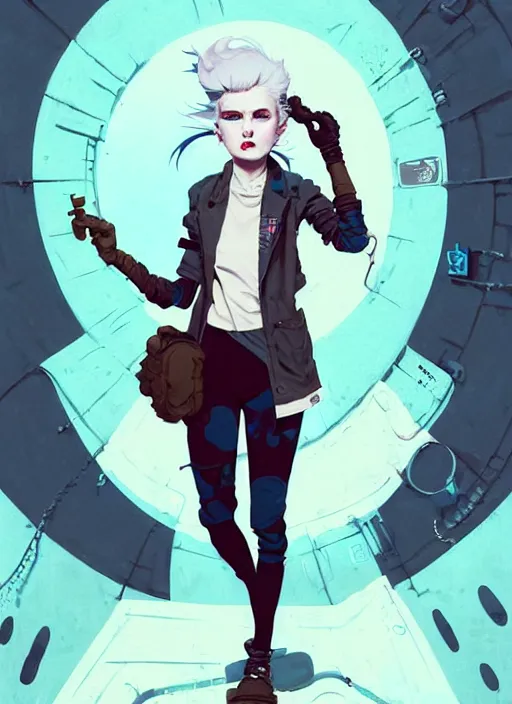 Image similar to highly detailed portrait of a sewer punk lady student, blue eyes, formal jacket, white hair by atey ghailan, by greg rutkowski, by greg tocchini, by james gilleard, by joe fenton, by kaethe butcher, gradient blue, black, brown and cyan color scheme, grunge aesthetic!!! ( ( graffiti tag wall background ) )