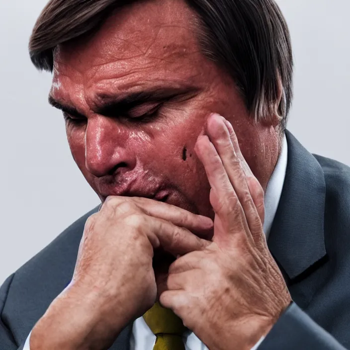 Image similar to photo of Jair Bolsonaro crying looking to PT flag , hyper realism, high detail, octane render, 8k, chrome accents