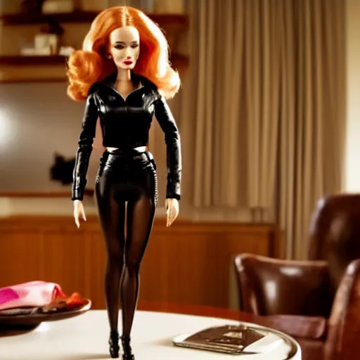 Image similar to amazing beautiful Christina Hendricks barbie doll wearing leather in the living room, film still from the movie directed by Denis Villeneuve , wide lens