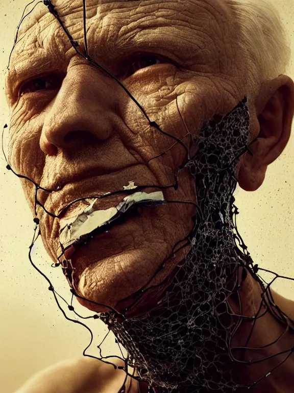 Image similar to portrait of old man, skin peeling to reveal cybernetics, wires, art by ryo shiotani and greg rutkowski, intricate, beautiful, portrait photography, cinematic lighting, vintage art by serge ivanoff, high resolution, very detailed