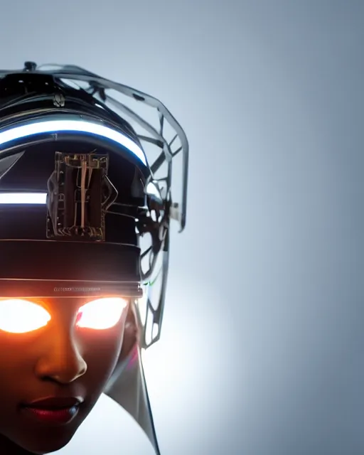 Image similar to centered medium shot fine studio photograph of a beautiful black girl wearing only a mecha futuristic electronic Maasai helmet with led lights, ultra-realistic, white background, 8k HDR sunset lit, intricate