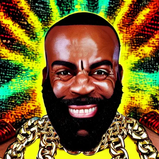 Prompt: a portrait photograph of joe rogan as mr. t wearing many gold chains with a psychedelic dmt background