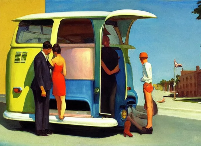 Prompt: painting, two young men and women near vw bus, by edward hopper, bernardo bertolucci dreamers movie scene