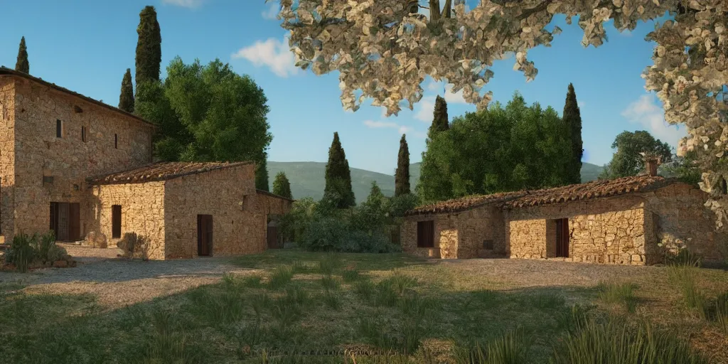 Prompt: a rustic medieval villa, beautiful tuscany landscape, cinematic, bokeh, kodak gold 2 0 0, unreal engine