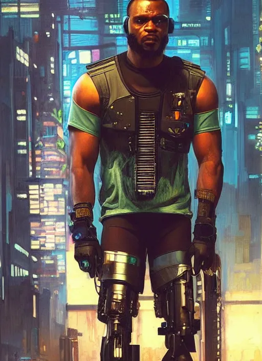 Image similar to Chidi Igwe. Buff Cyberpunk policeman with robotic legs. (Cyberpunk 2077, bladerunner 2049). handsome face. Iranian orientalist portrait by john william waterhouse and Edwin Longsden Long and Theodore Ralli and Nasreddine Dinet, oil on canvas. Cinematic, vivid colors, hyper realism, realistic proportions, dramatic lighting, high detail 4k