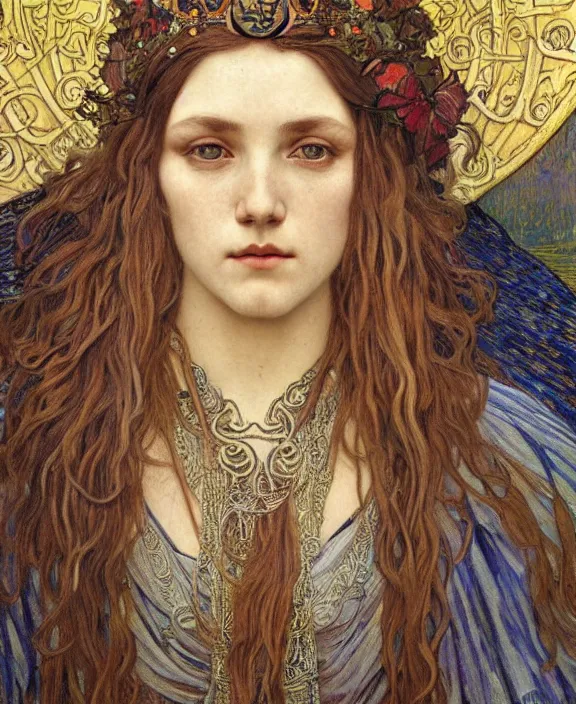 Image similar to detailed realistic beautiful young medieval queen face portrait by jean delville, alphonse mucha, vincent van gogh, and marco mazzoni, art nouveau, symbolist, visionary, gothic, pre - raphaelite