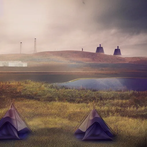 Prompt: photography of highly detailed landscape with two boys camping with nuclear plant in the background 1 9 8 0 s science fiction, moody, misty, depth perception, 4 k, artstation