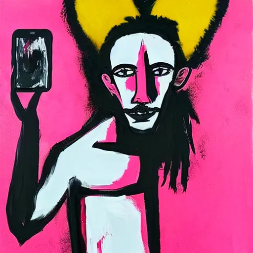 Prompt: A mirror selfie of a handsome muscular man with white angel wings and black devil horns, holding iPhone, pitchfork, pink background, abstract Basquiat oil painting with thick paint strokes