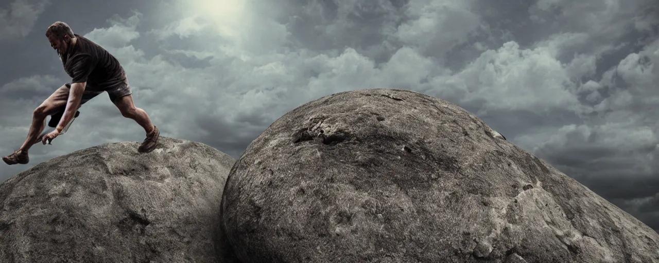 Prompt: a man is pushing a large and round boulder up a mountain, the stone is rolling up, sisyphus looks tired and dejected, the mountain is steep, melancholic mood, photo realistic, 8k, HDR, ultra detailed, close up shot, movie poster, cinematic composition, trending on artstation