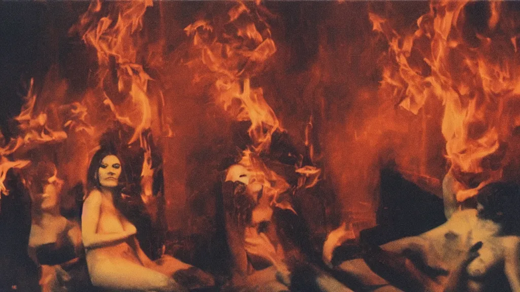 Image similar to still from a 7 0's art house movie by kenneth anger and david lynch : : sensual ambiguous occult scene, fire, smoke, ritual : : close - up of faces : : cinestill 8 0 0 tungsten 3 5 mm, high quality, triadic color scheme : : in the style of francis bacon, edward hopper, dark surrealism, shallow depth of field