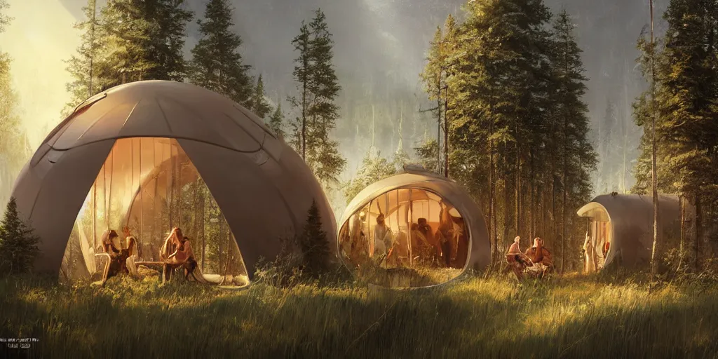 Image similar to cabela's tent futuristic pop up family pod, cabin, modular, person in foreground, mountainous forested wilderness open fields, beautiful views, painterly concept art, joanna gaines, environmental concept art, farmhouse, magnolia, concept art illustration by ross tran, by james gurney, by craig mullins, by greg rutkowski trending on artstation