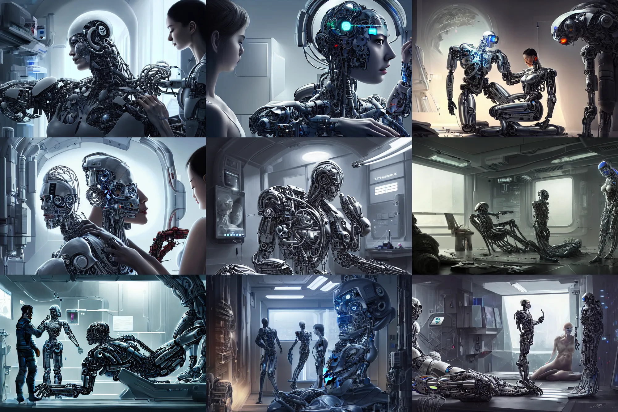 Prompt: Ultra realistic illustration, beautiful alluring damaged cyborg being put back together in an super advanced military medical bay, while a beautiful science looks on, holographic displays, cyberpunk, sci-fi, fantasy, intricate, elegant, highly detailed, digital painting, artstation, concept art, smooth, sharp focus, illustration, art by Yintion J - Jiang Geping and artgerm and greg rutkowski and alphonse mucha