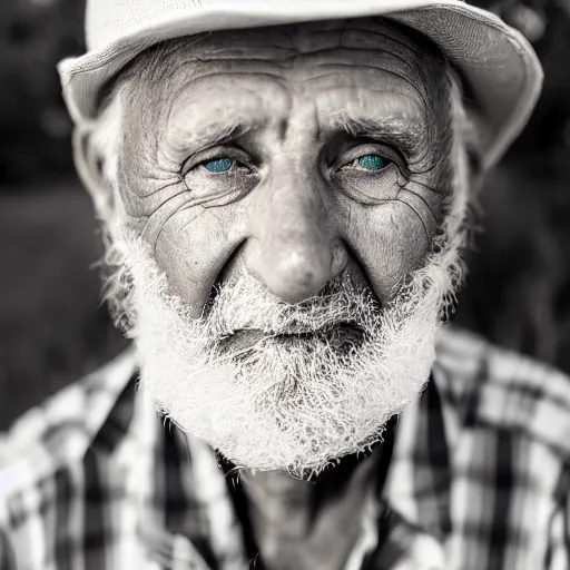 Prompt: a cyanotype portrait of an old man, beautiful detailed eyes, golden hour in pismo California, outdoors, professional award winning portrait photography, Zeiss 150mm f/2.8