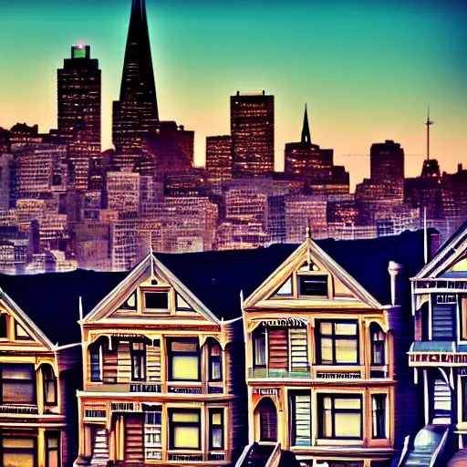 Image similar to a photograph of the painted ladies in san francisco at sunset foggy artstation cyberpunk dreamscape high definition