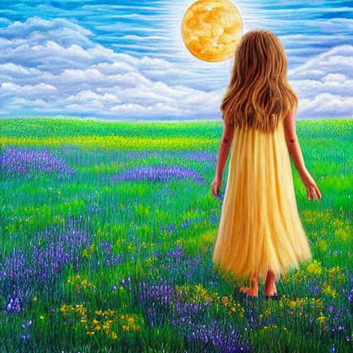 Prompt: breathtaking detailed painting of the earths moon, with a four year old long and dirty blond color hair, standing in a meadow with her back to us, wearing a dress colored rainbow, oil canvas, beautiful clear sky, attention to detail, award winning, high quality