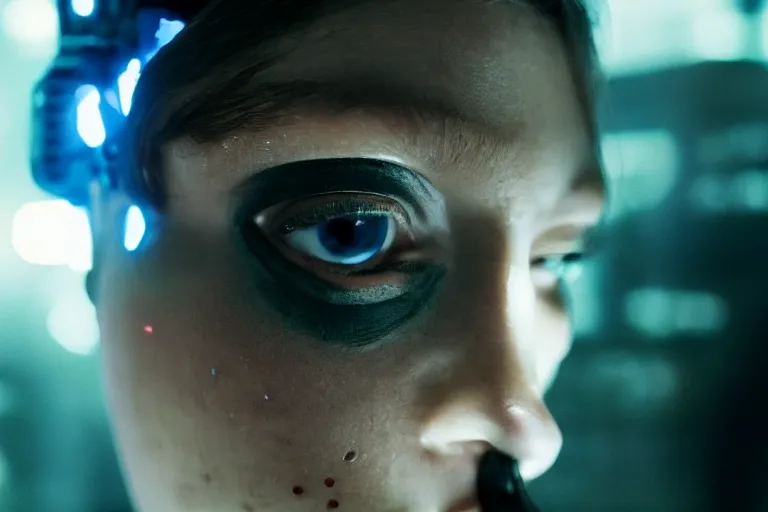 Image similar to VFX movie of a cyborg hacker closeup portrait in high tech compound, beautiful natural skin neon lighting by Emmanuel Lubezki