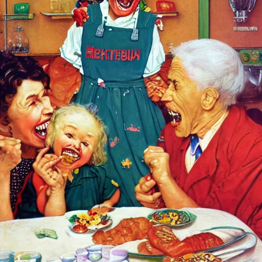 Image similar to hyper realistic hight detailed grandmother with a big mouth eating babies and gummi bears on the table in the russian kitchen, by norman rockwell, bright colors, 4 k, 1 6 k, 3 2 k, photorealistic, cartoon style