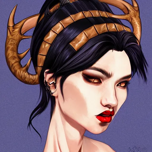 Image similar to illustrated realistic portrait of prong-horned devil woman with blue bob hairstyle and her tan colored skin and with solid black eyes wearing leather by rossdraws