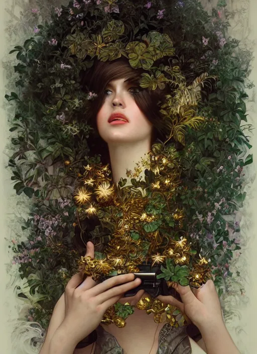 Image similar to hyper realistic photographer looking through a vintage medium format camera, design on white background, beautiful details, lush foliage cyberpunk, gold, drawn by john singer sargent, tom bagshaw, norman rockwell, alphonso mucha, lolish, trending on artstation