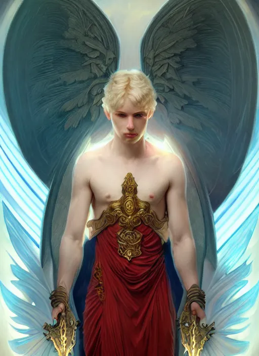 Image similar to the pale blond male angel of battle apollo smirking, sci fi, glowing eyes, volumetric lights, red and cyan theme, art nouveau botanicals, intricate, highly detailed, digital painting, artstation, concept art, smooth, sharp focus, cinematic, illustration, beautiful face, art by artgerm and greg rutkowski and alphonse mucha