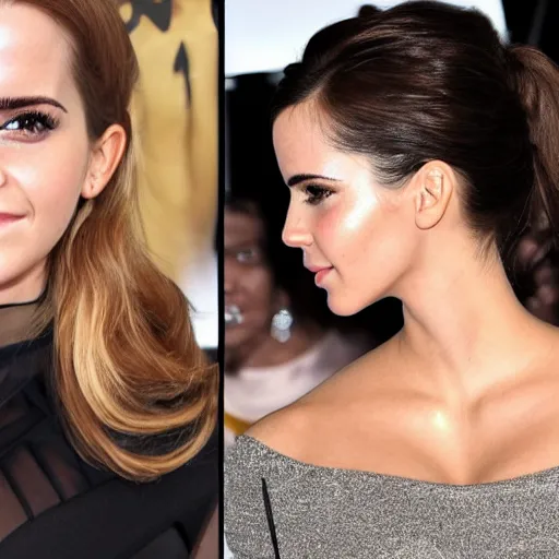 Image similar to a woman who is a genetic combination of emma watson and kim kardashian face and upper - body focus