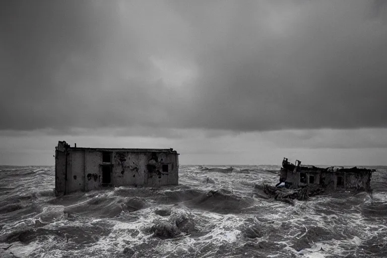 Image similar to danila tkachenko, low key lighting, an abandoned high soviet apartment building in the middle of the stormy ocean, a shipwreck, storm, lighning storm, crashing waves, dramatic lighting