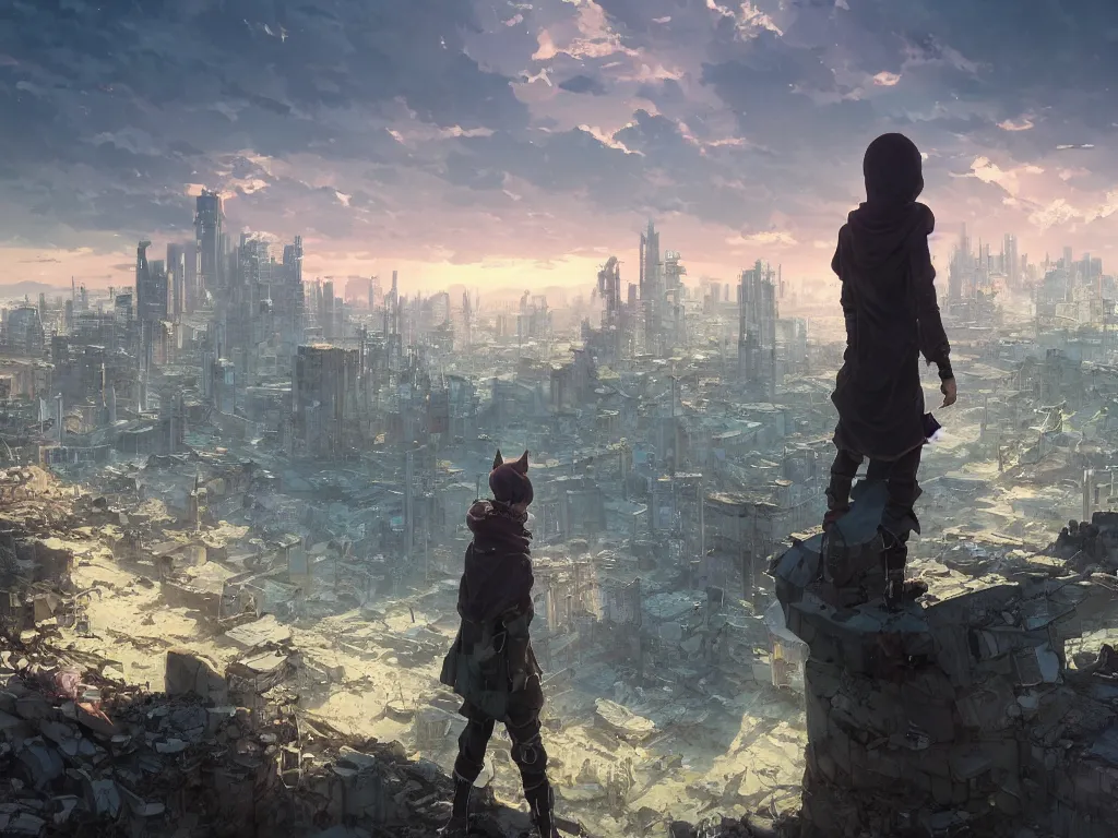 Image similar to a hooded adventurer standing on a hill overlooking the ruins of a postcyberpunk city, rubble, post-apocalyptic, gloomy, soft lighting, atmospheric, 8k, Octane Render. Anime. By Makoto Shinkai, Stanley Artgerm Lau, WLOP, Rossdraws, James Jean, Andrei Riabovitchev, Marc Simonetti, krenz cushart, Sakimichan, D&D trending on ArtStation, digital art.