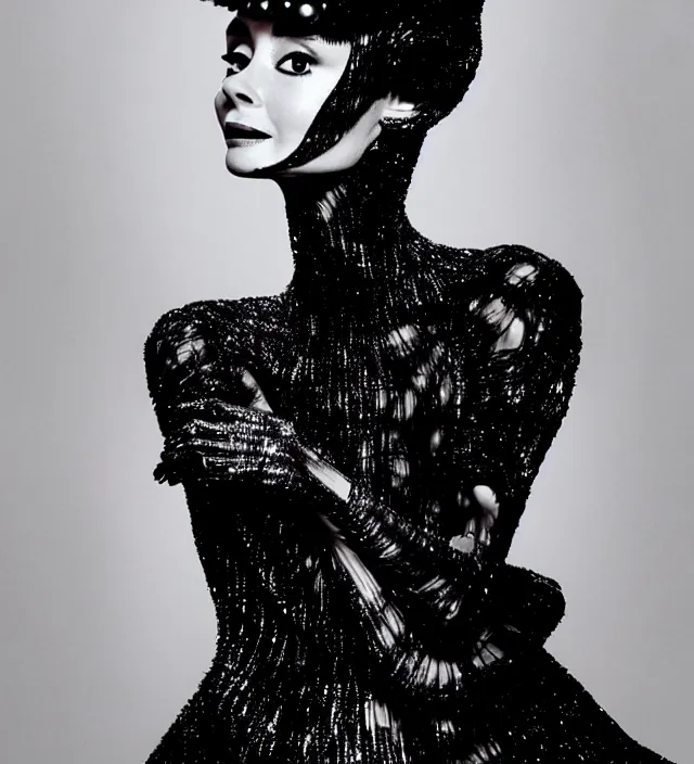 Image similar to dynamic facial portrait photography of seductive actress audrey hepburn wearing an extraordinary dress by designer iris van herpen. accent lighting, dark background, highly detailed, photography by paolo roversi, nick knight, helmut newton, avedon, araki