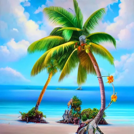 Prompt: tropical dream, oil on canvas, surrealism, highly detailed, masterpiece, award - winning, artstationhd