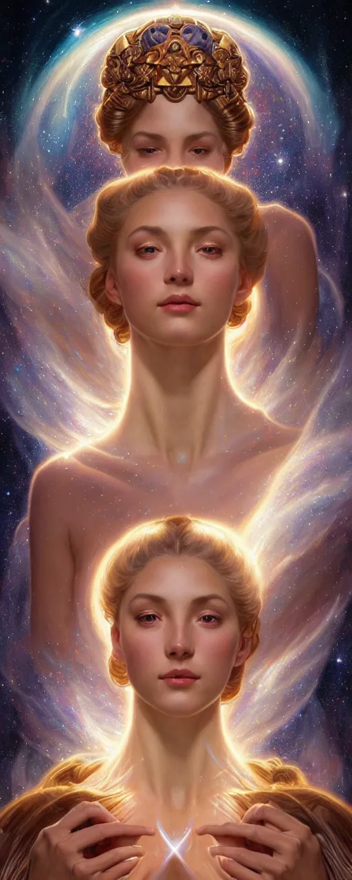 Image similar to perfectly detailed goddess of galaxies self portrait!! blessed by the universe with ever - increasing physical mental perfection, symmetrical! intricate, sensual features, highly detailed, universeral divine perfection!! digital painting, artstation, concept art, smooth, sharp focus, illustration, art by artgerm and greg rutkowski and alphonse mucha