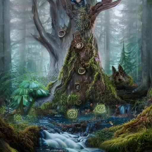 Prompt: tom bagshaw, beautiful full wolf pelt, mythical cosmic shrine, soft painting render curiosities carnival pond river vegetation rocks bugs wildlife mushrooms covered moss bioluminescent wisps, beautiful stunning waterfall, accurate features, focus, very intricate ultrafine details, random volumetric lighting, fog, award winning masterpiece, octane render 8 k hd, artstation