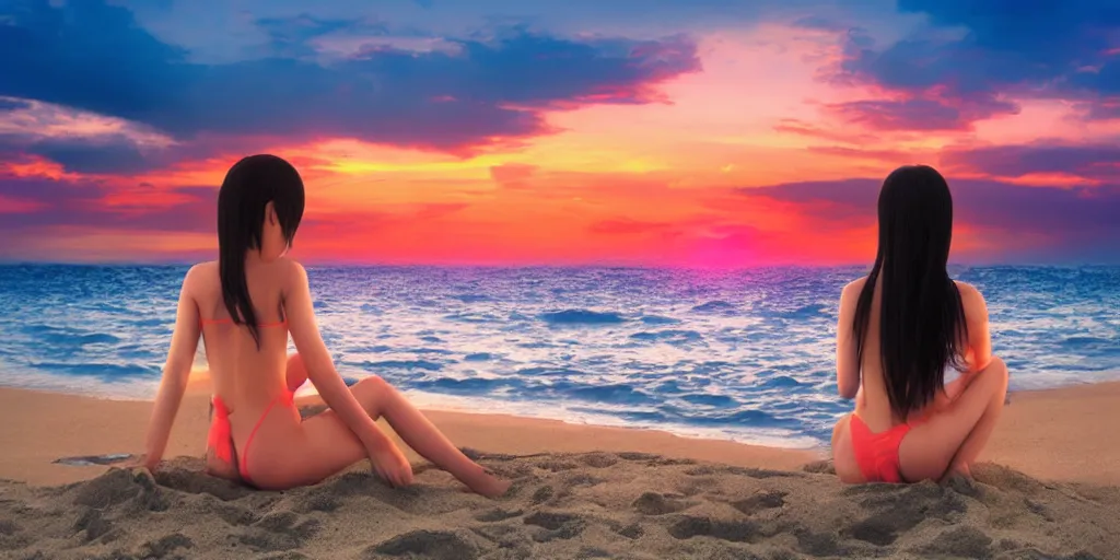 Image similar to an anime girl sitting on the shore, a beautiful beach, sunset. anime in the style of studio ghibl