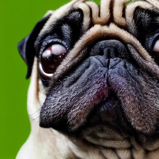 Prompt: closeup of a pug with moss growing out of its face folds, macro photography, overgrown pug, high resolution photo, trending on artstation