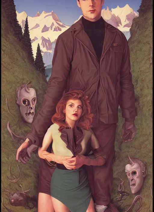 Prompt: twin peaks poster art, by michael whelan, rossetti bouguereau, artgerm, retro, nostalgic, old fashioned, 1 9 8 0 s teen horror novel cover, book, dale cooper, kyle mclaughlin, ryan gosling in letting jacket being eaten by the wendigo