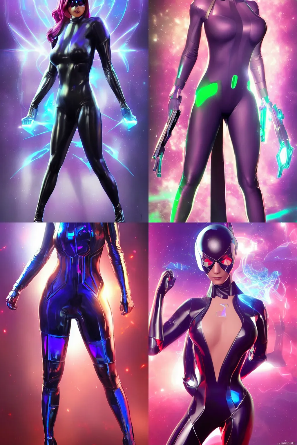 Prompt: extremely attractive super hero female character with the power of holographic warfare, slender, curvy, high-tech futuristic holographic costume, full body view, cool pose, artwork by Artgerm and Alex Ross, featured on artstation, cgsociety, behance hd