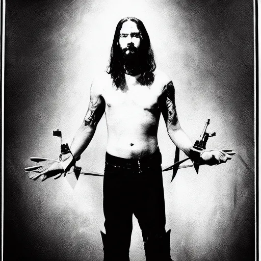 Image similar to studio photo of jesus in a black metal band, studio portrait