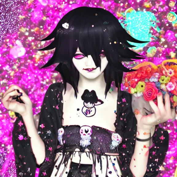 Image similar to photo of a emo manic pixie dream girl, 8k, portrait | sanrio glitchcore yokai girl, shadowverse character concept, found footage horror, glitter gif