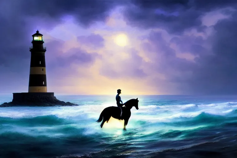 Image similar to photo of man riding a horse along the beach, glowing underwater waves toward a lighthouse in the distance guiding his way, silhouette, wide horizon, large white clouds, night, intricate, elegant, highly detailed, digital painting, artstation, concept art, smooth, sharp focus, illustration, art by artgerm and greg rutkowski and fra angelico