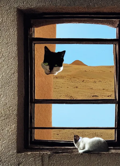 Prompt: cat is inside a window and is watching a martian landscape