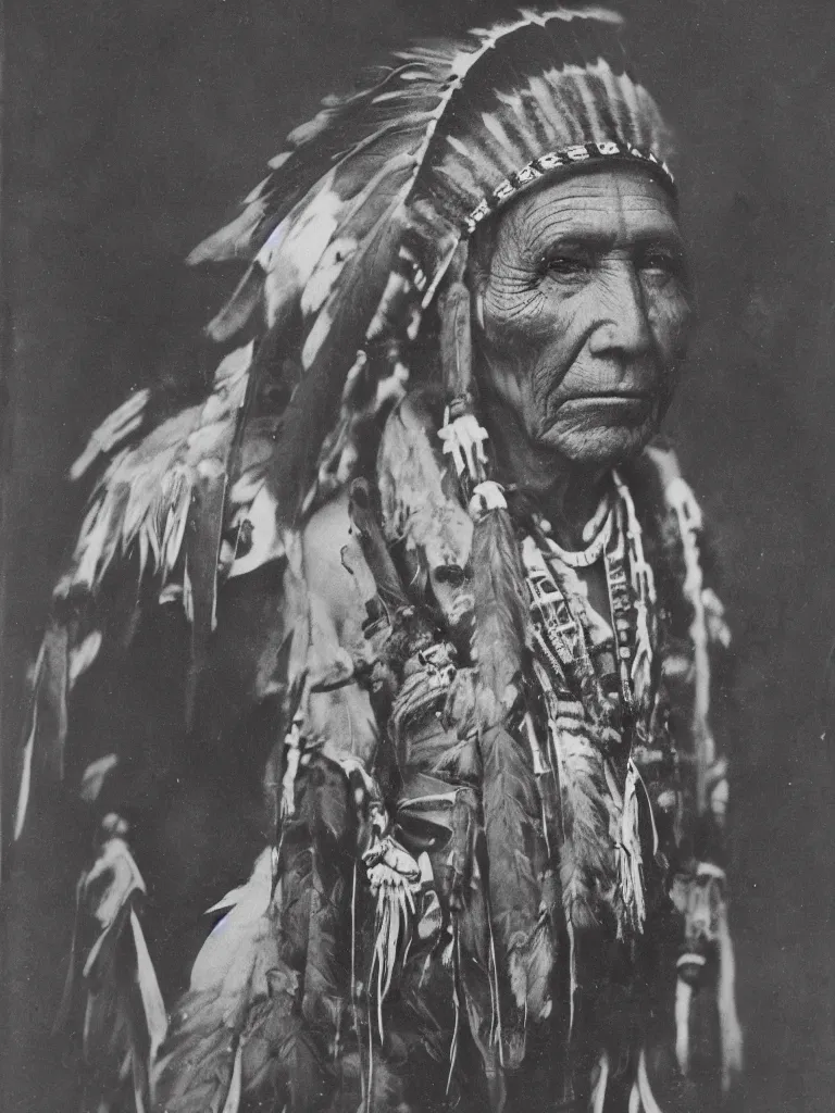 Prompt: a faded old black and white wet plate photo of an american indian chief,