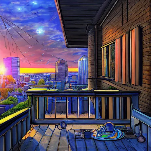 Image similar to the young travelers open the multiversal rift from their rooftop porch in montreal, sunrise, digital art, stunning detail