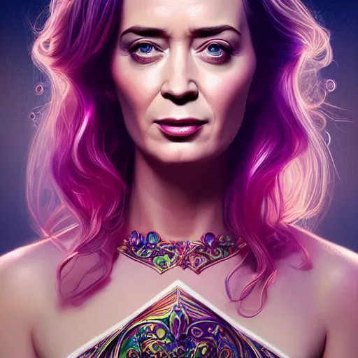 Prompt: a cute emily blunt inside an ornate bottle of iridescent liquid, alchemy, intricate, bloom, detailed, volumetric lighting, sharp focus, photorealism, digital painting, highly detailed, concept art, by by artgerm and wlop