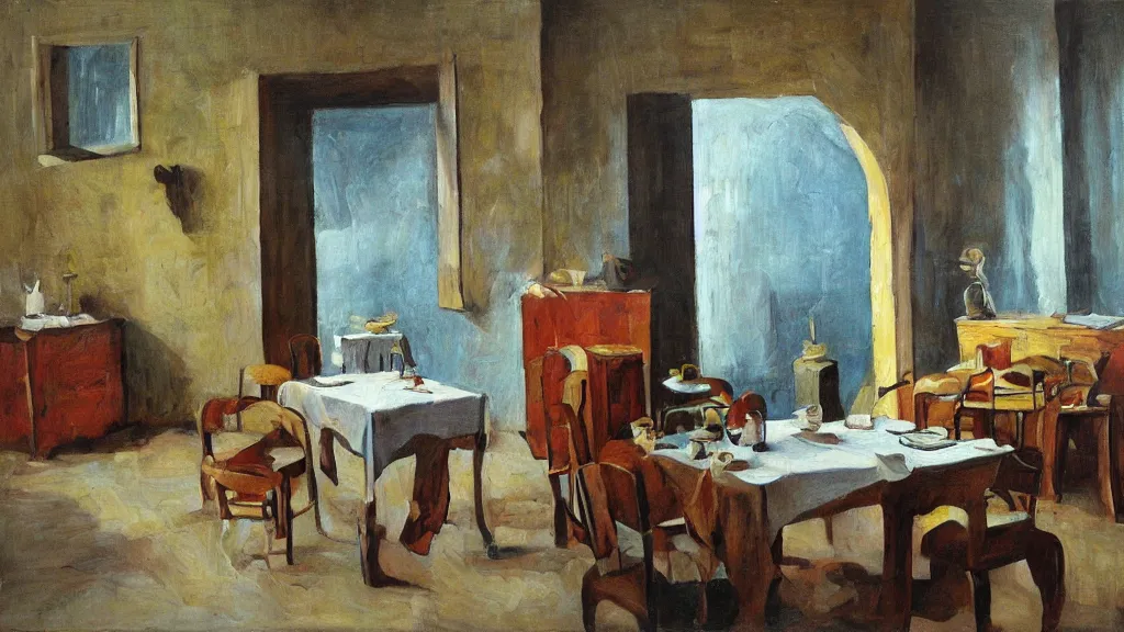 Prompt: a table in a room massurrealism artwork