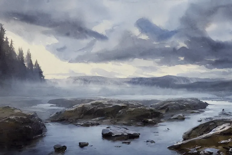 Image similar to watercolor painting of small cold river, reflections, shallow mountains and dramatic swirling clouds, mythological art by hans gude, ambient lighting and shadows, art by hans dahl, by jesper ejsing, art by anders zorn, wonderful masterpiece by greg rutkowski, cinematic light, american romanticism by greg manchess, creation by tyler edlin